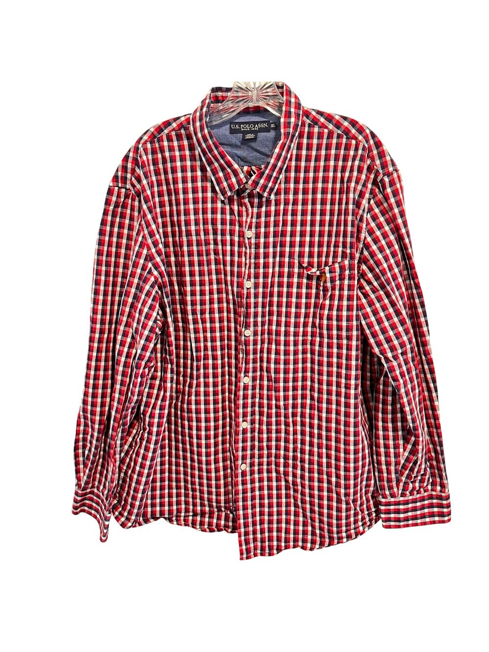 U.S. Polo Assn. Men Button Down Shirt Red White Blue Plaid Long Sleeve Check 3XL